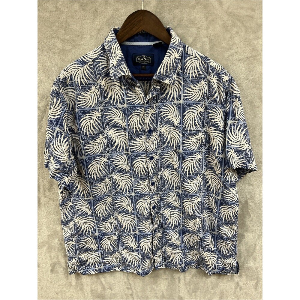 Nat Nast Shirt Men’s XL Blue White Hawaiian Print Button Up Silk Cotton Vacation